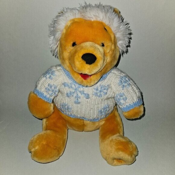 Disney Store Winnie the Pooh Plush Blue White Snowflake Sweater Winter Holiday - Picture 1 of 9